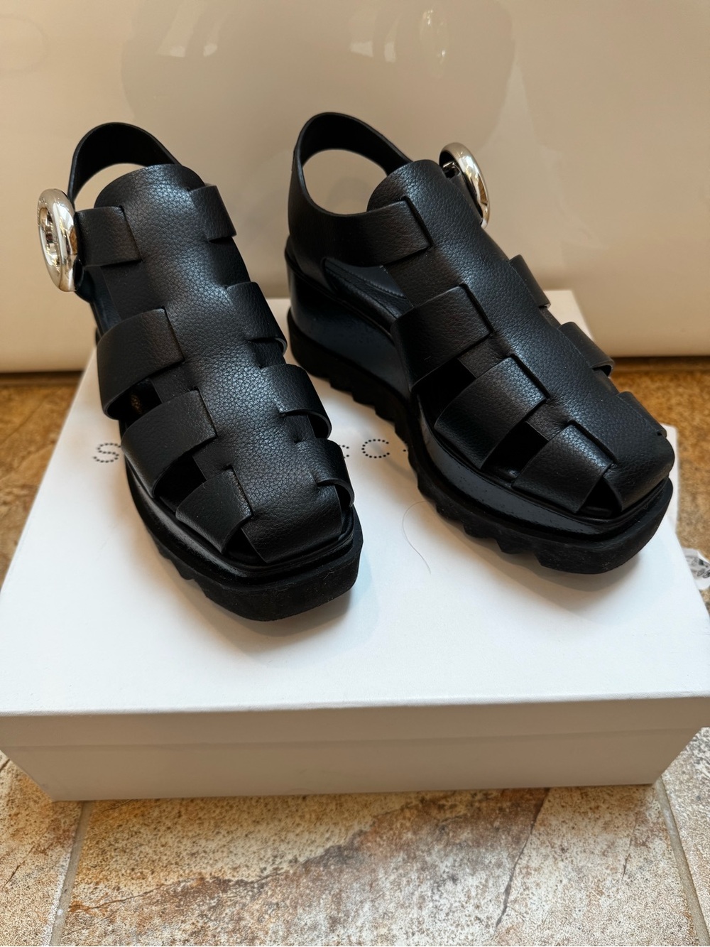 Stella McCartney Black Leather Woven Platform Sandals with Silver Buckle